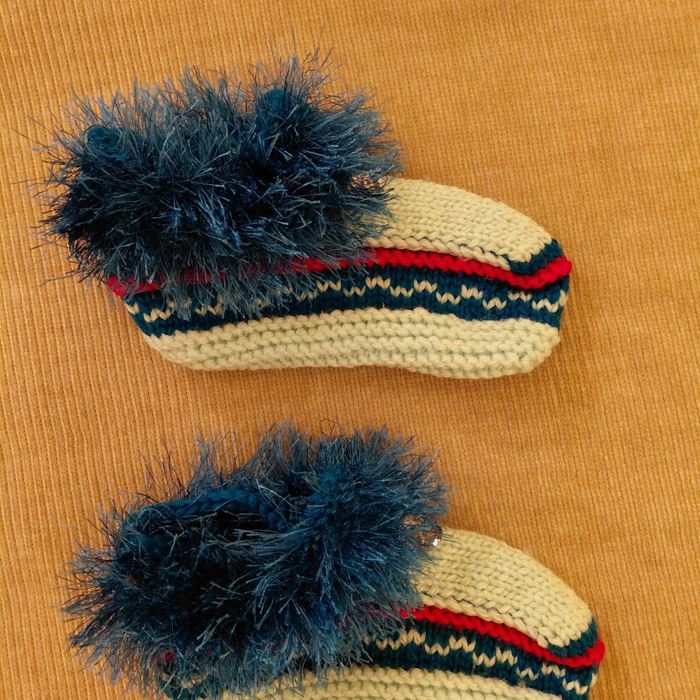 Cozy Handmade Knit Kids Slippers with Blue Pom-Poms